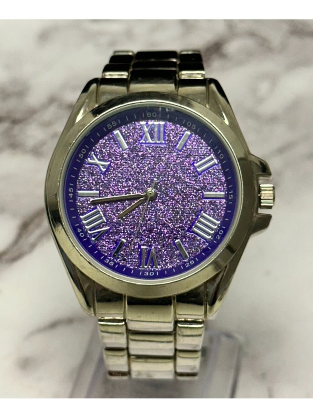 Accutime Watch Women Silver Tone Purple Glittered Dial New Battery 8 Inch